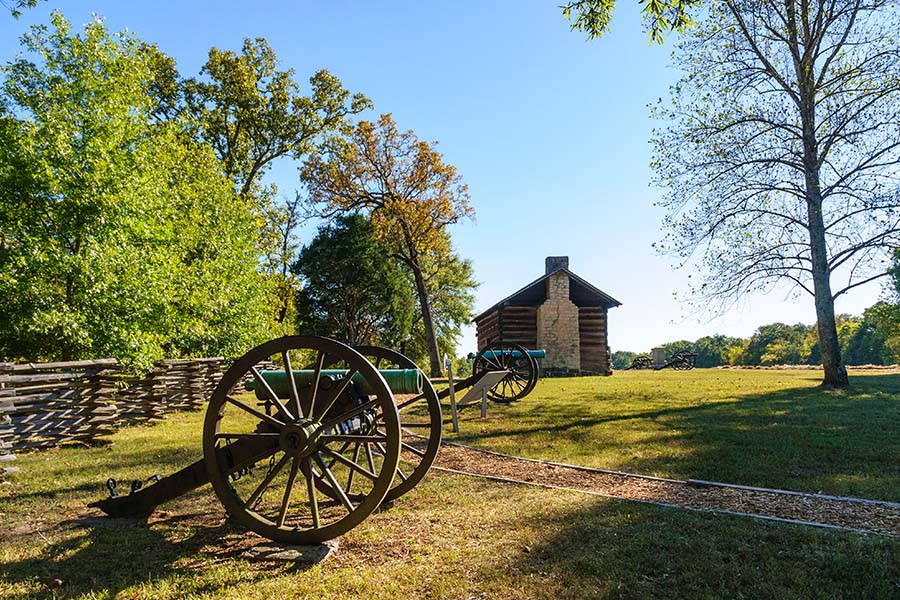 Fort Oglethorpe GA - View of Cannons and Log Cabin in Historical State Park in Fort Oglethorpe Georgia
